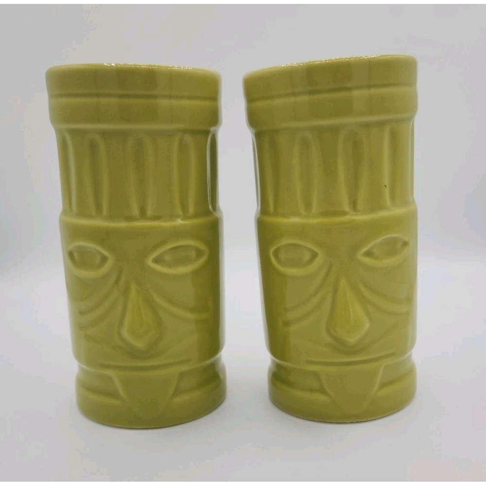 Pair Of Crate and Barrel Lime Green Tiki Tall Hurricane Glasses by Jane Dixon